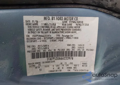 2006 Ford Taurus Se из США, поврежденный, VIN 1FAFP53U66A223976